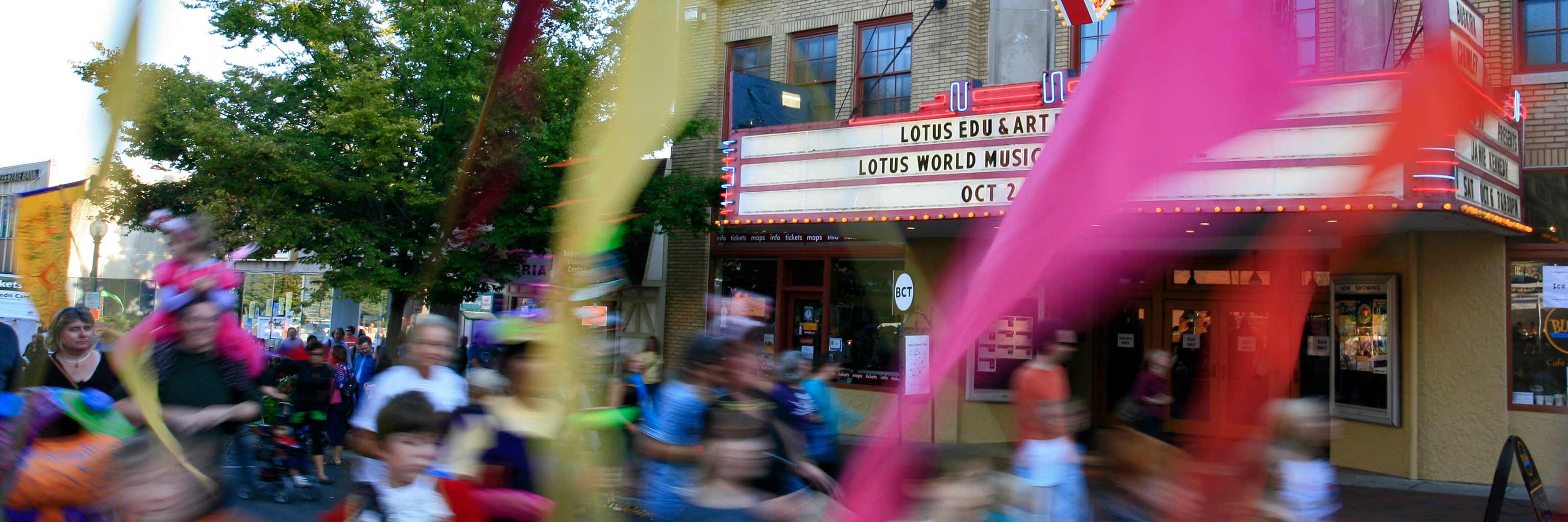parade in front of the Bloomington Theatre